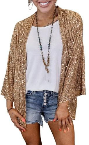WLLDDDIU Bolero für Damen,glänzendes Pailletten Design,Kurze Oberteile,Lange Ärmel,Strickjacke,vorne offen,durchsichtig,Schulterjacke,Umhang,Abendparty,Vertuschung für Kleider,Aprikose,L