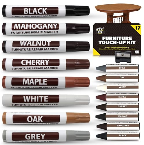 SOL 17pk Furniture Touch Up Kit - Wood Scratch Repair Marker Pens & Wax | 8 marker pens and 8 wax sticks in matching shades, includes sharpener, for floors and furniture