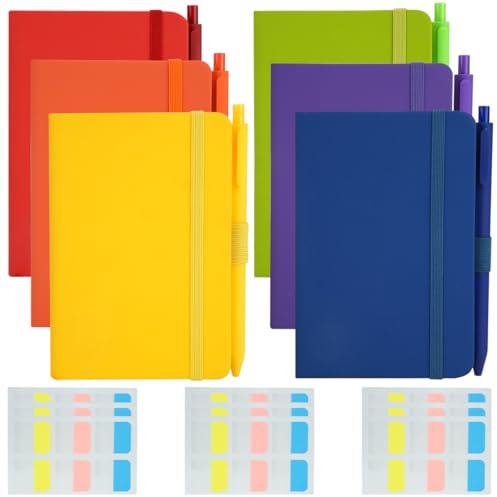 HAOTIAN-X 6 Stück A6 Taschen-Notizbücher, Kleines Hardcover-Notizbuch, 6 Mini Journal Notizbuches mit 6 Stiften und 10 Haftnotizen, A6 Notizbuch liniertes Journal Notizblöcke 160 Seiten (Farbig)