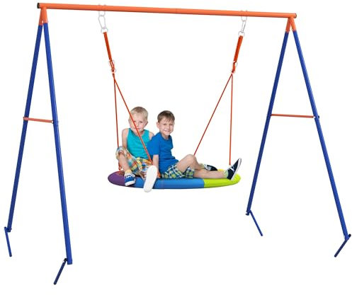 Outsunny Altalena da Giardino per Bambini, Altalena a Nido per 1-2 Bambini con Struttura ad A in Metallo Rinforzato, 196x172x180cm, Multicolore