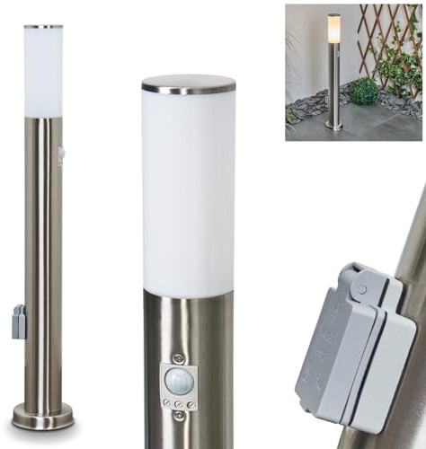 HOFSTEIN Wegeleuchte Caserta, Außenwegeleuchte mit Bewegungsmelder und Steckdose aus Metall/Kunststoff in Nickel-matt/Weiß, Außenleuchte für Garten, Außenbereich, Hof, Terrasse, Höhe 80 cm, E27, IP44