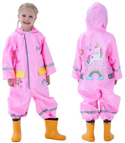 Fewlby Toddler Rain Suit Boys Girls One Piece Raincoat Cartoon Waterproof Coverall Kids Rainwear L Size 5-7 Years