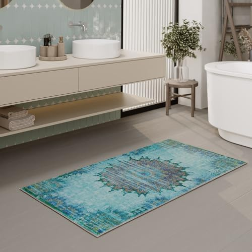 Wecon Home Healing Badteppich, 70 x 120 cm, blau | waschbarer und rutschfester Vintage Badezimmerteppich mit orientalischem Muster, Eleganz und Komfort für jedes Bad