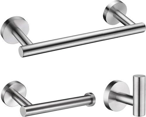 Brushed Silver Bathroom Hardware, NSCMQSL Bathroom Accessories Set Includes Toilet Paper Holder 12 Inch Towel Bar Robe Hook Wall Mounted,3 Pieces | SUS304 Stainless Steel Wall Mounted Holder Includes 12 Hand Towel Bar, Toilet Paper Holder, Robe Towel Hooks