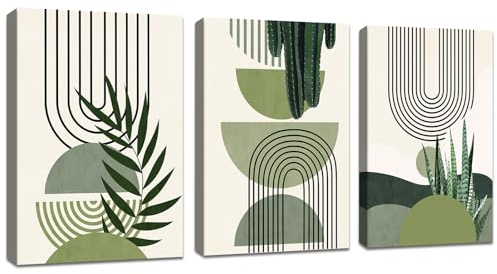 3Pcs Boho Blätter Leinwandbilder Bilder Set mit Rahmen Aesthetic Grüne Pflanze Bilder Moderne Wandbilder Schlafzimmer Bild Auf Leinwand Kunstdruck Deko für Wohnzimmer fertig zum Aufhängen 40x60cmx3