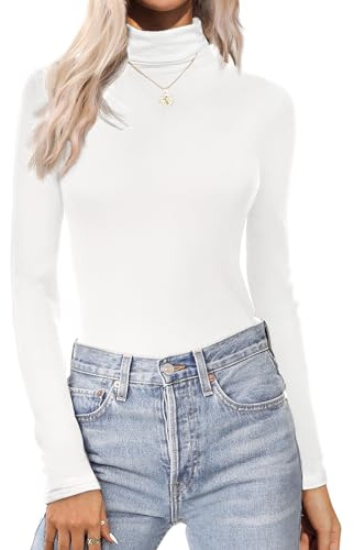 Zeagoo Camiseta Manga Larga Mujer Cuello Alto Camisetas Basica Ajustada T Shirt Térmicas Sólido Camisa Ligero Elástico Suéter Blanco S