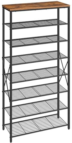 HOOBRO Schuhregal mit 8 Ebenen, Hoch Schuhablage, Große Schuhaufbewahrung, Schuhständer Metallrahmen, Schuh-Organizer für Schlafzimmer, Flur, Dunkelbraun-Schwarz EBF88XJ01