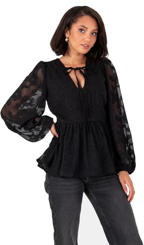 Lovedrobe Women's Floral Top Ladies Blouse Long Balloon Sleeve V-Neckline Peplum Chiffon Tie Front Smart Casual Office Wear, Negro 48