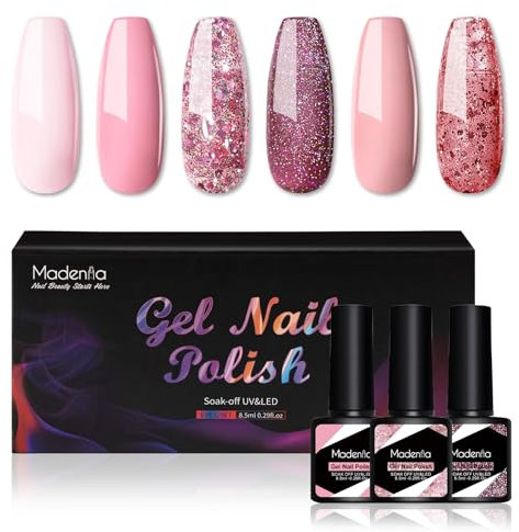 Madenia UV Nagellack Rosa, 6 Farben Glitzer Licht-Rosa Pflaume GelNagellack Set Soak-Off, UV Gel Nagellack Maniküre Set für Nail Art Salon Home DIY, 8.5ML