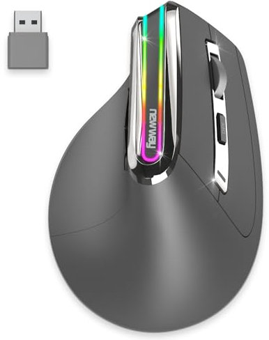 NEWWAY - Souris Verticale sans Fil A9 - WiFi 2.4 GHz/Wireless/USB C - Rechargeable – RGB - 2400 DPI - Ergonomique - Silencieux - Nano Récepteur Intégré 10 M - Gris