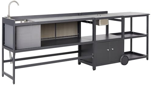 Ensemble de Cuisine d'Extérieur en Aluminium 3 Pièces Armoire de Rangement Ilot Evier et Sceau à Glace Gris Ortisei