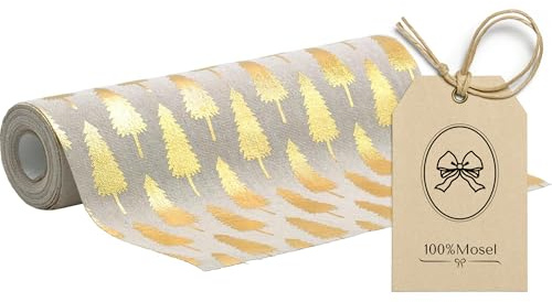 100%Mosel Tischläufer Leinenoptik Natur, Tannenbäume in Gold, (28 cm x 5 m), Tischband, edle Tischdeko für Weihnachten & Adventszeit, Festliche Dekoration zu besonderen Anlässen