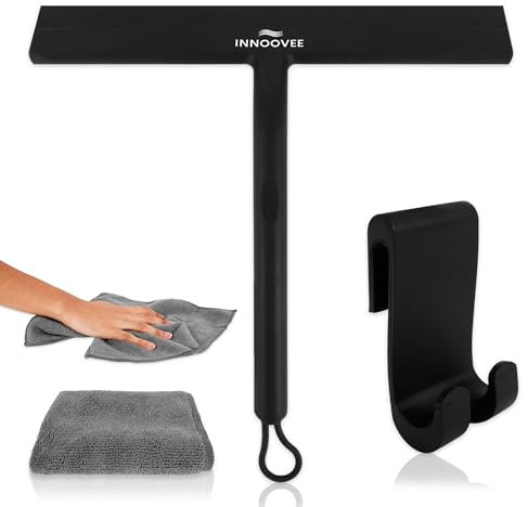 INNOOVEE Rasqueta Limpiacristales de Silicona para Baño, Limpia Cristales para Ducha con Gancho para Colgar, Limpia Mamparas Ducha Cristal, Rasqueta Limpiacristales Ducha en Negro 21 cm, Sin Rayas