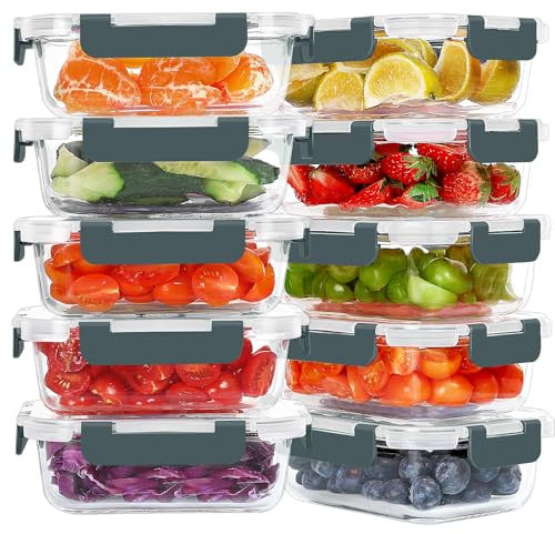KOMUEE 10 Packs 22 oz Glass Meal Prep Containers, Glass Food Storage Containers with Lids, Airtight Lunch Boxes BPA Free, Microwave and Freezer Safe