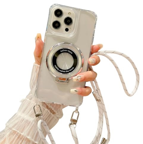 Emlivi Chaîne de téléphone portable magnétique pour iPhone 15, coque de protection transparente avec anneau support en silicone TPU avec cordon de suspension, anti-chocs, avec bande pour iPhone 15