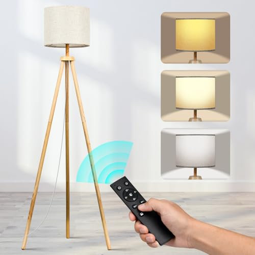 NIKYJM Lampada da Terra Treppiede in Legno Lampade da Terra Dimmerabile con E27 12W Lampadina 3 Colori Dimmerabili 3000K-6000K Piantana da Salotto con Telecomando per Soggiorno Camera Ufficio