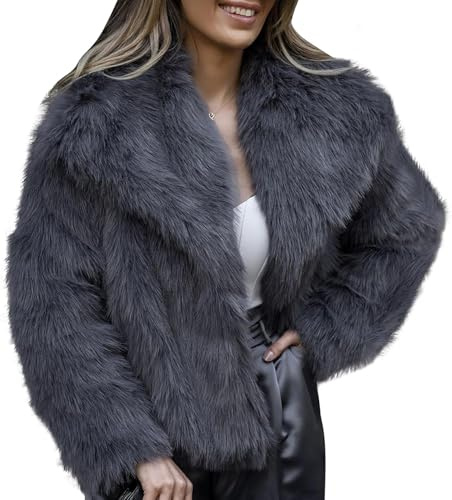 Suncadmious Inverno delle Donne Soffice Cappotto Corto Peloso Risvolto Breve Ufficio Cappotto Peloso Manica Lunga Tasca Soffice Cappotto Caldo con Matrimonio Cappotto Peloso (Grigio,M)