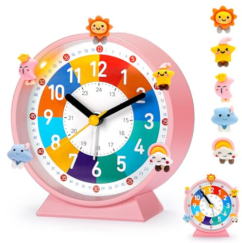 PIXESTT Reveil Enfant, Reveil Enfant Educatif Jour/Nuit IdéAl pour êTre à L’Heure à L'ÉCole, sans Bruit De Tic-Tac avec Fonction Snooze Et Veilleuse, Livré avec 5 Adorables DéCorations De RéVeil