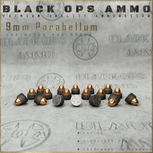 BLACK OPS AMMO 9 mm Parabellum Cal.50 – 18 + 2 proiettili – Proiettili di precisione per TR50 / HDR50 – Prestazioni di alta qualità per addestramento e utilizzo ricreativo – Prodotto in Germania