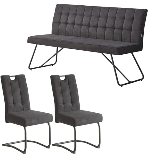 B&D home Sitzgruppe Lana | Esszimmerbank 140 cm mit Rückenlehne gepolstert für Esszimmer mit 2 Esszimmerstühle Metallgestell | Industrial modern Design | Anthrazit, 11504-140-ANTR