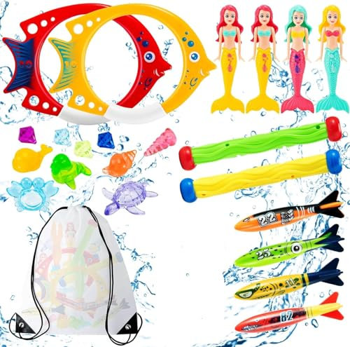 Cakuni Juguetes de Buceo, Juguete de Natación para Piscina 22 PCS con Juguetes de Sirena, Palos de Buceo, Anillos de Pescado, Torpedos, Gemas de Buceo para Niños