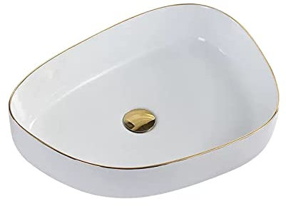 MENGLI-2024 Lavabo de baño Lavabo de cerámica de 21,6 x 15,3 Pulgadas con decoración de Borde Dorado, Moderno Cuenco de tocador sobre el mostrador, Blanco Brillante Lavabo de sobremesa