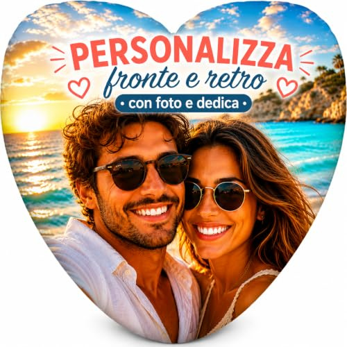 SeeSee Cuscino Cuore Personalizzato con Foto e Dedica 20x20 cm, Stampa Fronte e Retro, Regalo Personalizzato per Coppia, Fidanzata e Fidanzato, Compleanno, Anniversario, Made in Italy