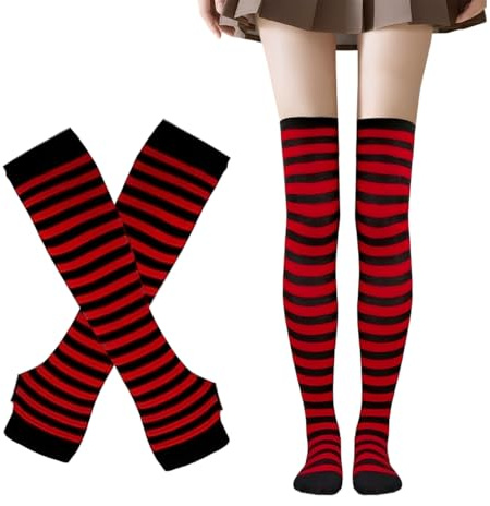 Lufdegim Damen Gestreifte Kniestrümpfe, Thigh Highs Socken Lange Strickhandschuhe Socken Set für Party Kostüm