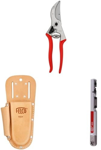 FELCO 4 Gartenschere mit Lederholster 910+ und Schärfwerkzeug 905 – Robustes Set für dicke Äste, ideal für Baum-, Reb- und Strauchschnitt