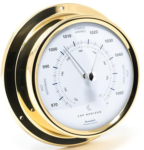 CAP HORIZON CP100B500LT Barometer, Glas, Messing-Gehäuse poliert | Druckmessgerät, Messbereich 970-1060 hPa und 720-800 mmHg, Genauigkeit ± 2 hPa, 12,5 cm Durchmesser, Made in Germany