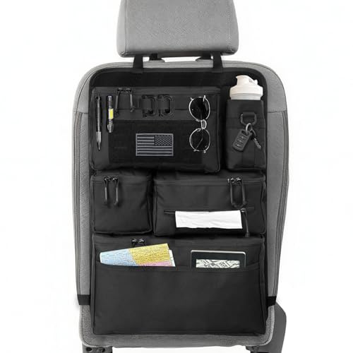 Vanlutone Tactical Seat Back Organizer - Heavy Duty MOLLE Panel Organizer with Multiple Pockets & Hook Loop Panel for EDC Gear, Road Trip Essentials, Universal Fit for Car SUV Truck Jeep Ford(Black)​