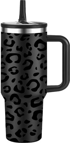 Eco-Friendly Insulated Water Bottle,100% Leakproof Stainless Steel Travel Mug Water Tumbler,40 Oz Vacuum Insulated Cup with Handle and Straw Lid,Dishwasher Safe,Gifts for Women & Men(Leopard print)