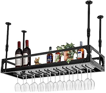HIKUUER Estantería de Techo para Vino 100cm, Altura Ajustable, Estante Colgante Retro de Hierro, hasta 50 kg, Techo Industrial, Soporte para Copas de Vino, Soporte para Colgar (Negro)