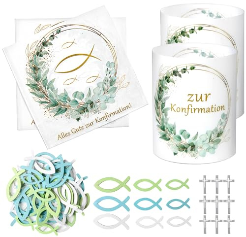 20 servilletas decorativas de confirmación, con 12 portavelas para decoración de mesa + 60 peces de madera + 10 cruces, decoración de mesa, confirmación, color verde eucalipto, para niños, niñas