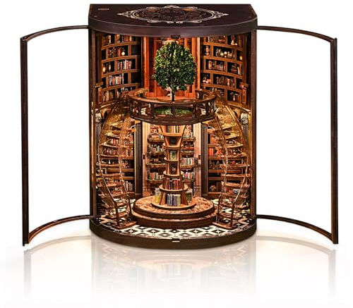 Cuteefun Casa de Muñecas en Miniatura Biblioteca con LED, DIY Book Nook Kit | Crea tu Propia Biblioteca en Miniatura, Decoración para Estanterías, Regalo Ideal para Lectores (Wisdom Rings)