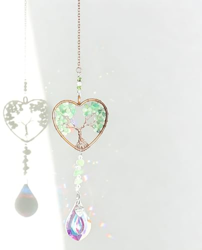 Crystal Suncatcher with Tree of Life Heart Design, Green Aventurine Hanging Window Decoration, Green Crystal Sun Catcher Gift for Women and Girls