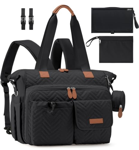 RAINSMORE Baby Changing Backpack Large Nappy Tote Bag with Changing Mat | Diaper Bags 4 Ways to Carry Large Baby Rucksack with Pacifier Holder, Waterproof Bag, Stroller Straps for Mom & Dad
