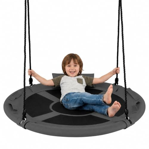 RELAX4LIFE Nestschaukel, Ø 100 cm Korbschaukel bis 150 kg belastbar, Kinderschaukel mit Kissen & Griffen, 100-180 cm höhenverstellbare Hängeschaukel, Tellerschaukel Rund für Outdoor & Indoor (Grau)