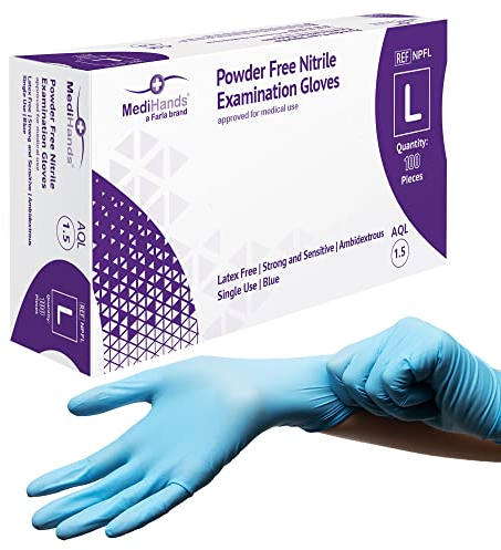 MediHands Nitrile Gloves Large, Blue Heavy Duty Disposable Gloves, Powder Free, Latex Free, and Protein Free, Medical, Food, Multi Use, Pack of 100
