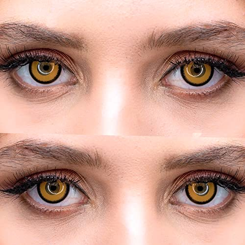 Farbige gelbe Crazy Fun Kontaktlinsen 1 Paar gelb 'Lunatic Sun' mit Kombilösung (60ml) + Behälter - Topqualität von 'Evil Lens' zu Fasching Karneval Halloween ohne Stärke