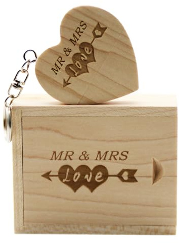 Clé USB en bois LXSINO avec gravure au laser Mr & Mrs Design - Pilotes de clé USB en forme de cœur de 32 Go en bois avec boîtier correspondant pour cadeau de fantaisie (Érable 32g)
