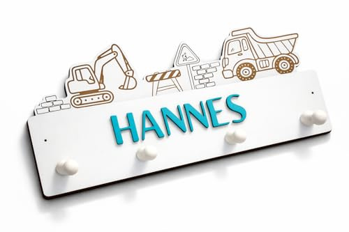 Personalisierte Kindergarderobe Baustelle aus Holz – Wandgarderobe Kinderzimmer mit Name – Garderobe für Kinder mit Bagger & Baustellenmotiv – 3D Buchstaben in 19 Farben – ca. 39×18 cm