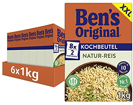Ben's Original Natur Reis, 10 Minuten Kochbeutel, 6 x 1kg, Multipack | Natur-Reis im Kochbeutel, Kochzeit 10 Minuten, Gelingt immer, Praktisch & portionierbar
