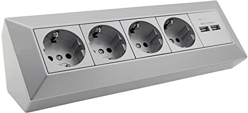 ChiliTec grenuttag hörnuttag 4-vägs uttag 2 x USB 3,1 A – 230 V grenuttag – montering och hörnmontering för kök verkstad I silver