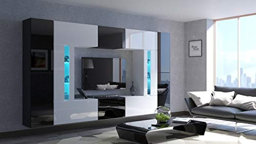 FURNITECH Wohnwand Modern | Wohnwand mit LED Weiß | Schrankwand für Wohnzimmer mit Regalen und TV Schrank (Julian AN67-19BW-HG1)