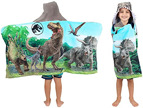 Jurassic World Kids Super Soft Bath/Pool/Beach Soft Cotton Terry Hooded Towel Wrap, 24 in x 50 in, (Officially Licensed Product) By Franco
