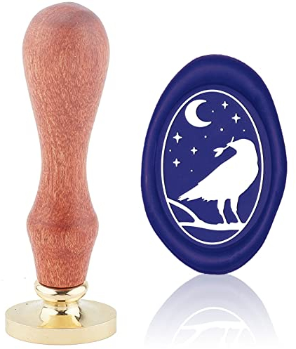 craspire Halloween Krähe Wachssiegelstempel Mond Stern Oval Gothic Siegelwachsstempel Messingkopf Mit Abnehmbarem Holzgriff Für Halloween Einladungskarte Flasche Geschenk Party