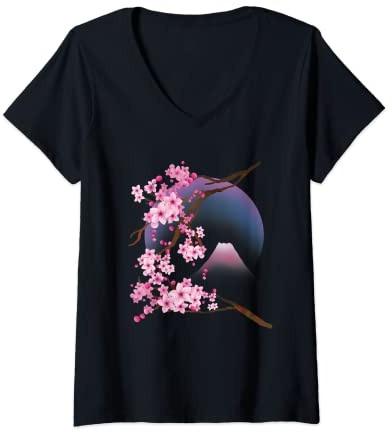 Femme Sakura japonais vintage, motif fleurs de cerisier, femmes, filles T-Shirt avec Col en V