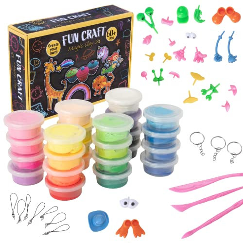 HTI Fun Craft Childrens Magical Modelling Clay Set | Over 60 Pieces Includes | Includes 24 Coloured Modelling Clay, Tools and Magical Accessories | Arts And Craft Kits For Kids Aged 3+ (1398131)
