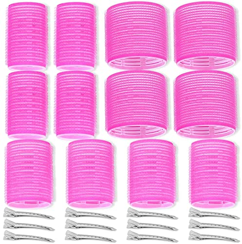 Juego de rulos de pelo con agarre automático, 24 piezas con 3 tamaños (4 jumbo, 4 grandes, 4 medianos) y 12 clips para volumen en cabello largo, corto, grueso o fino